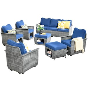 Sierra Black 7-Piece Wicker Multi-Functional Pet Friendly Outdoor Patio Conversation Sofa Set with Navy Blue Cushions