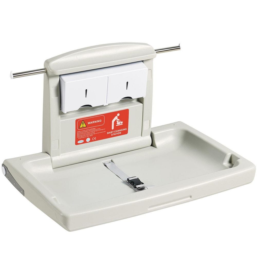 Wall-Mounted Baby Changing Station, Horizontal Foldable Diaper Change Table with Safety Straps and Hanging Rods