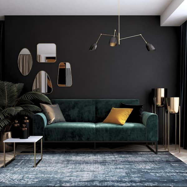 CosmoLiving by Cosmopolitan Adley Medium Teal Velvet Coil Futon with Black Metal Base