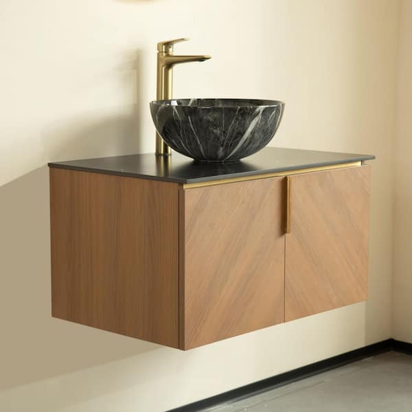 Liory 29.92 in. Floating Espresso Bath Vanity with Black Round Ceramic Basin and Black Sintered Stone Top Unassembled