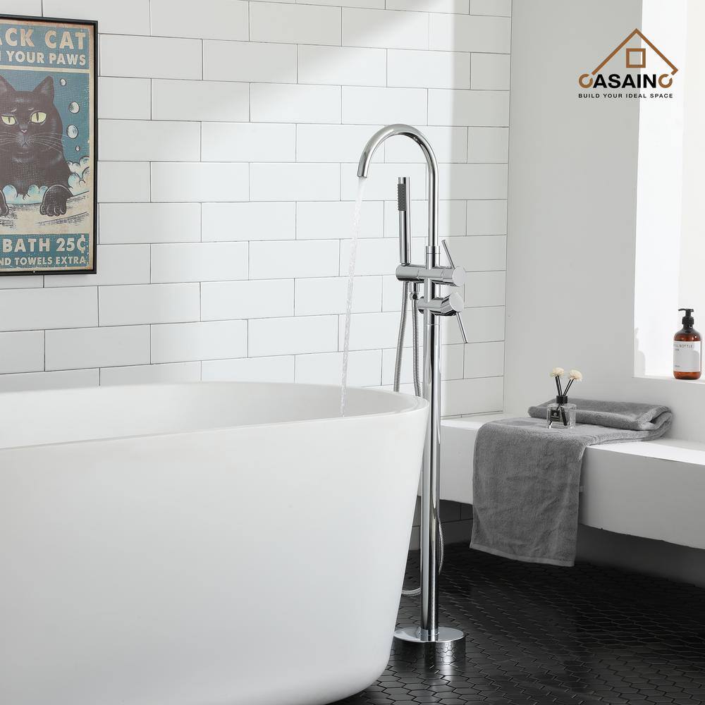 Chrome Freestanding High-Arc Tub Faucet with Hand Shower