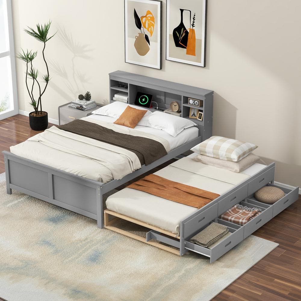 Harper & Bright Designs Gray Wood Frame Full Size Platform Bed with 3 ...