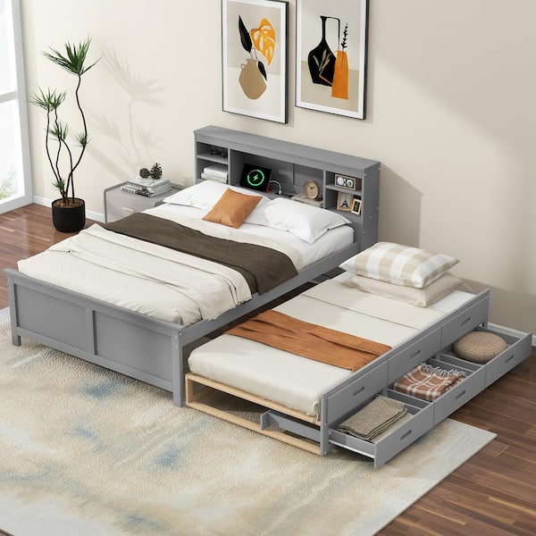 Harper & Bright Designs Gray Wood Frame Full Size Platform Bed with  3-Drawer, Headboard with Shelves, Twin Size Trundle, USB Charging Station  QHS333AAE-F - The Home Depot