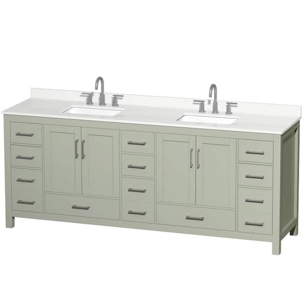 Wyndham Collection Sheffield 84 in. W. x 22 in. D x 35 in. H Double Bath Vanity in Light Green with White Quartz Top
