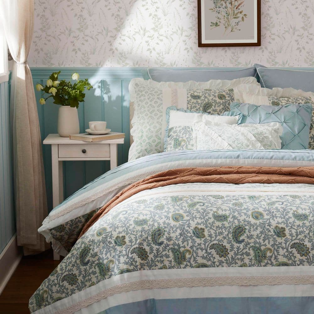California King Blue Cotton Floral Comforter Set