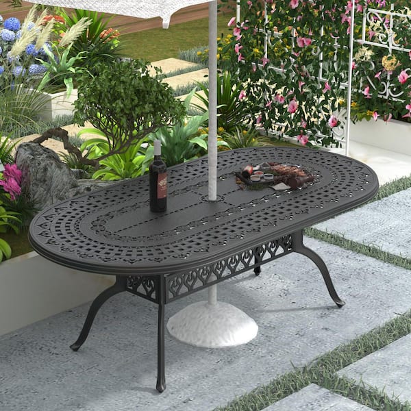 Willit 81.89 in. (L) x 41.34 in. (W) Black Oval Cast Aluminum Outdoor Dining Table