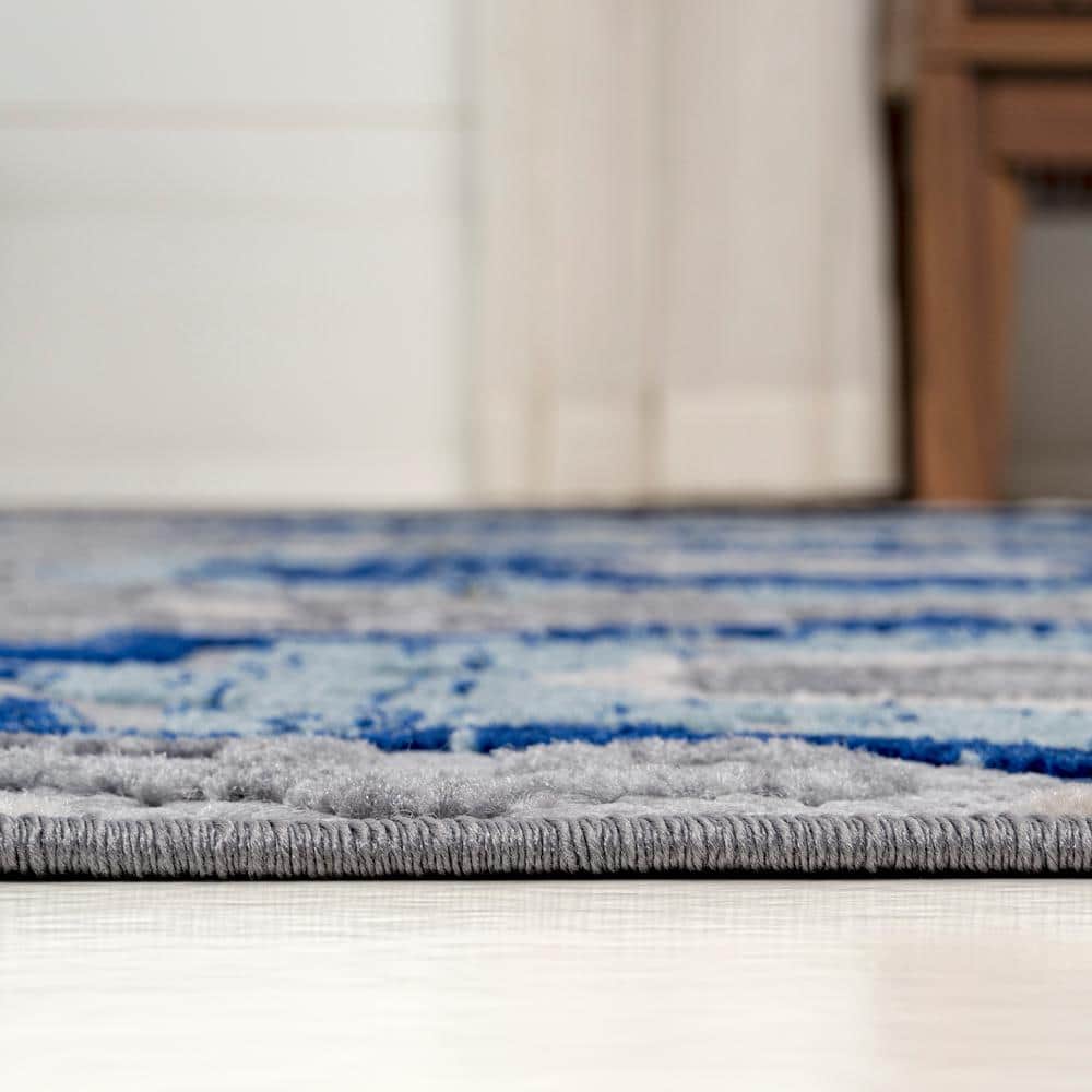 Blue and Gray Synthetic Medallion Reversible Area Rug