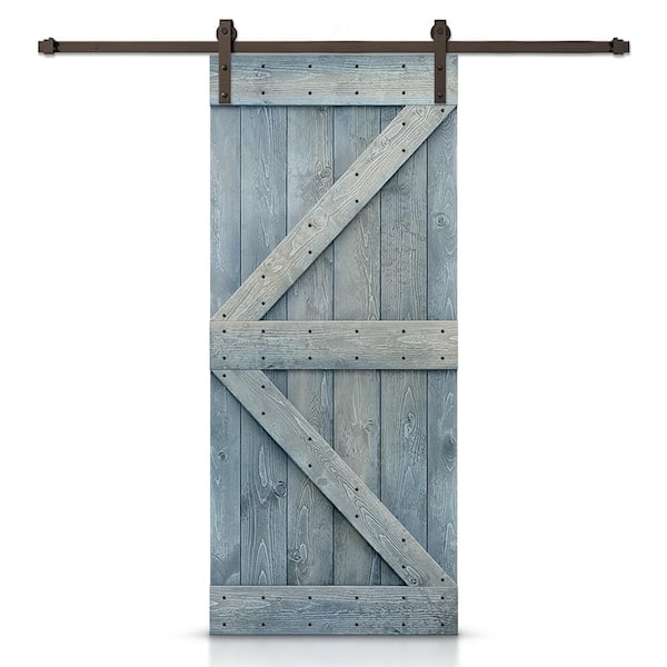 CALHOME K Series 30 in. x 84 in. Pre-Assembled Denim Blue Stained Wood Interior Sliding Barn Door with Hardware Kit