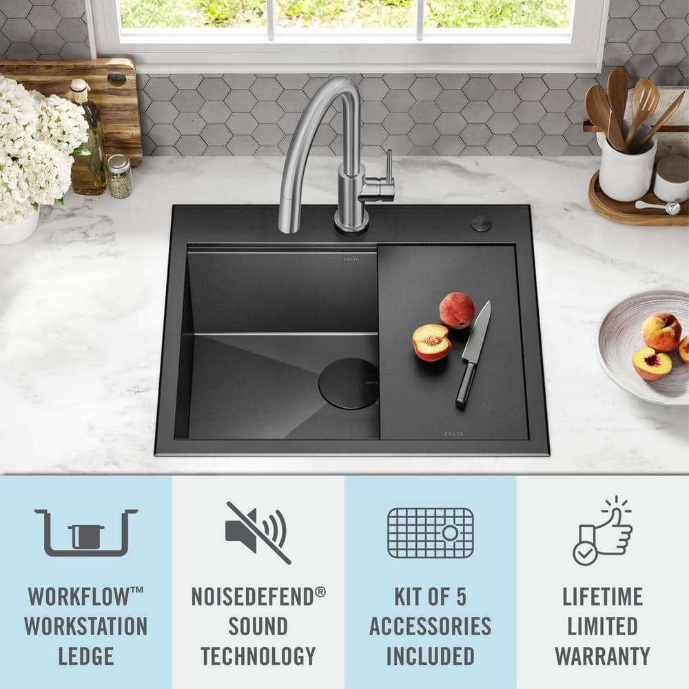 Delta Rivet 25" Black Stainless Steel Single Bowl Workstation Kitchen Sink