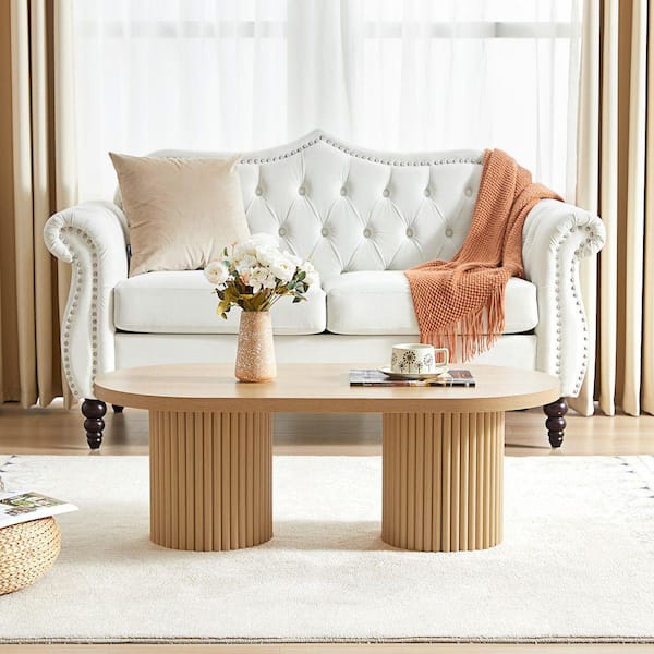 ATHMILE 39.38 in. Multi-Scenario MDF Oval Natural Coffee Table NA
