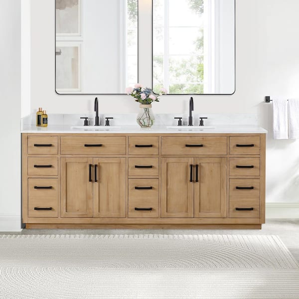 Gavino 84 in.W x 22 in.D x 34 in.H Bath Vanity in Light Brown with Grain White Composite Stone Top