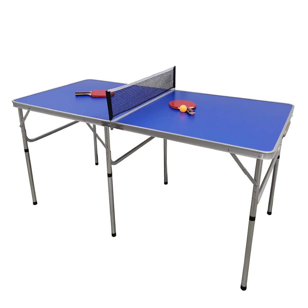 5 Ft Blue Aluminum Folding Table Tennis Set with Net and Paddles