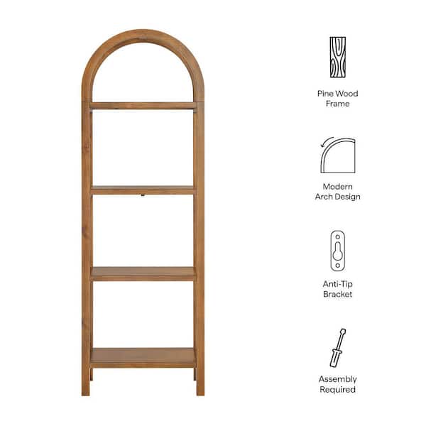 Vexley 72 Inch Tall Narrow Arched Wood Bookcase in Walnut