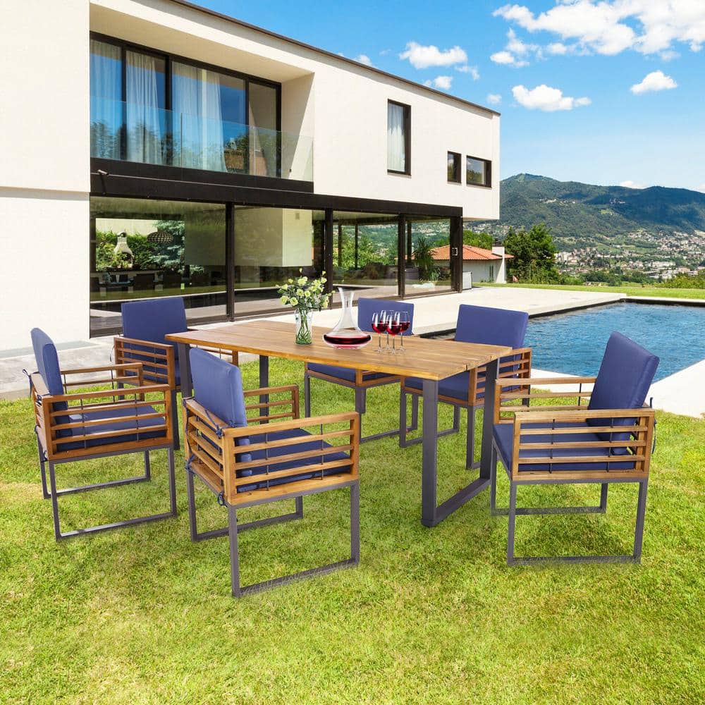 7-Piece Acacia Wood and Metal Outdoor Dining Set with Navy Cushions