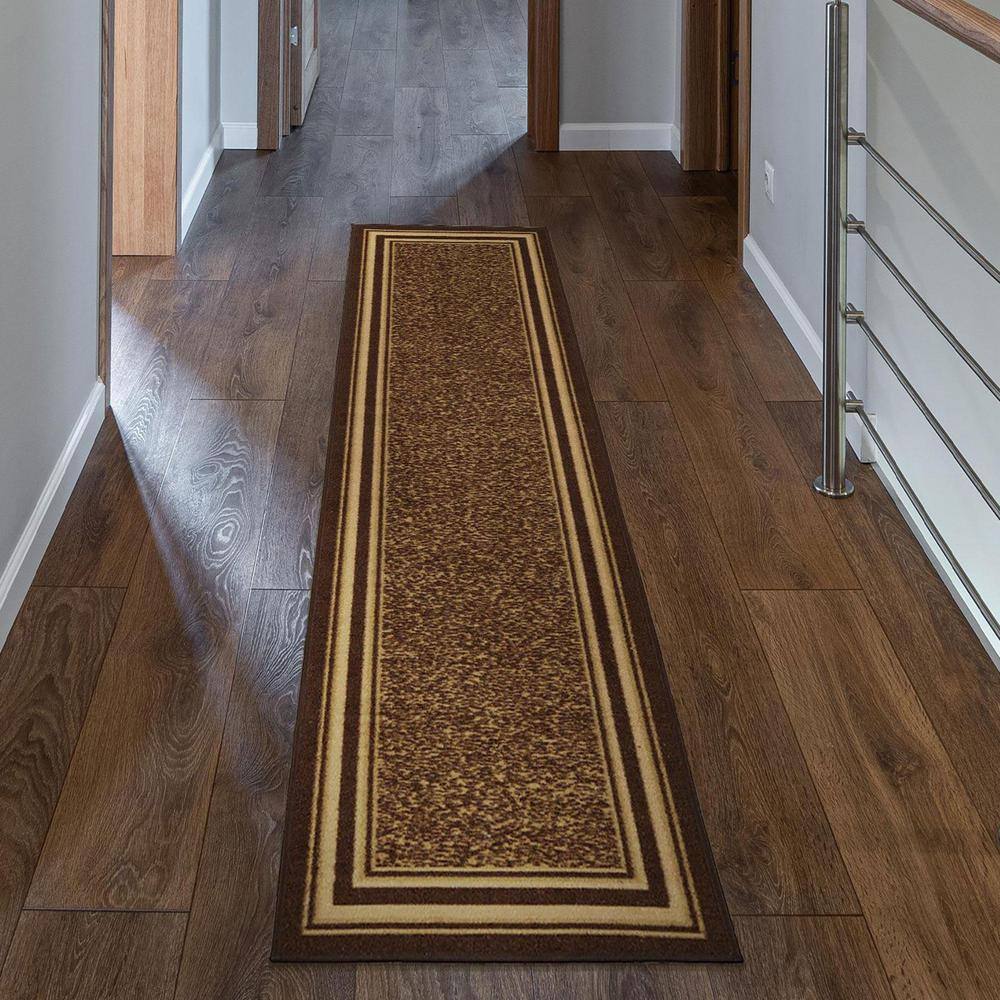 Brown and Beige Synthetic Non-Slip Runner Rug