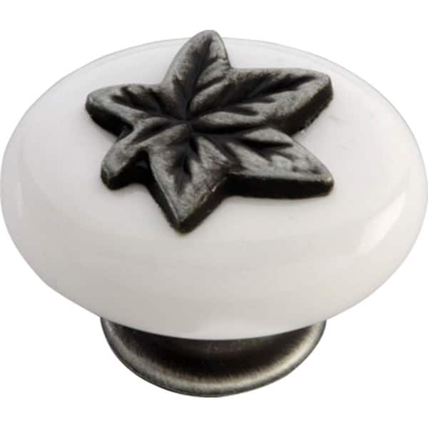 HICKORY HARDWARE Country Casual 1-1/2 in. Satin Pewter Antique/White Cabinet Knob-DISCONTINUED