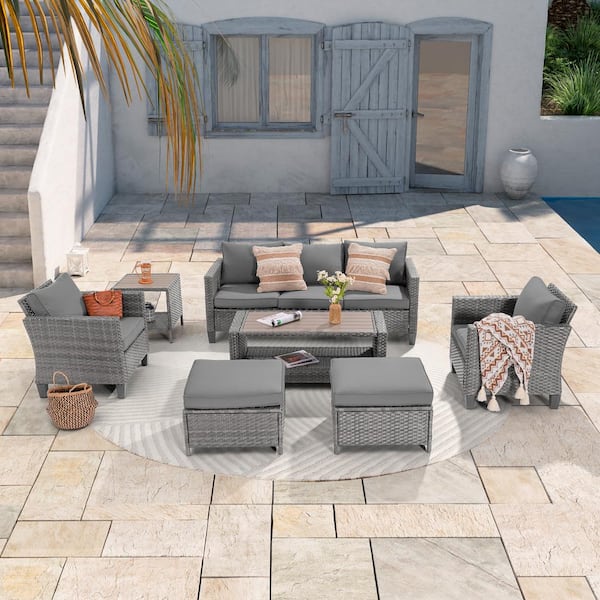 JOYESERY 7-Piece Gray Wicker Outdoor Conversation Seating Sofa Set with Coffee Table, Gray Cushions