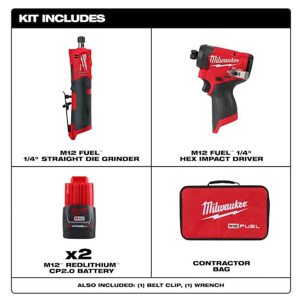 M12 FUEL 12V Lithium-Ion Brushless Cordless 1/4 in. Straight Die Grinder Kit with Impact Driver and Batteries
