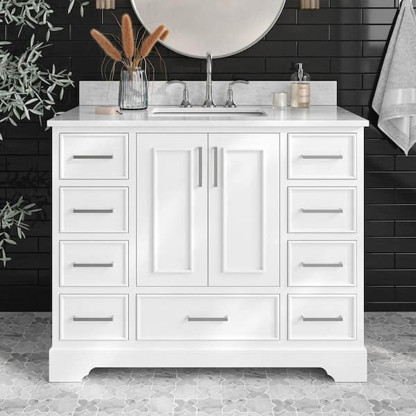ARIEL Stafford 43 in. W x 22 in. D x 35.25 in. H Single Sink Freestanding Bath Vanity in White with Carrara White Marble Top