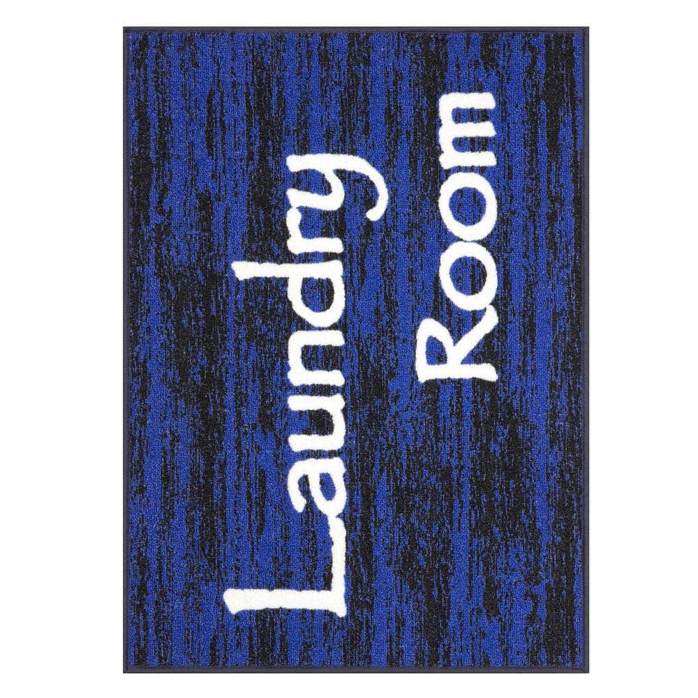 Blue and Black Synthetic Non-Slip Rectangular Laundry Room Rug