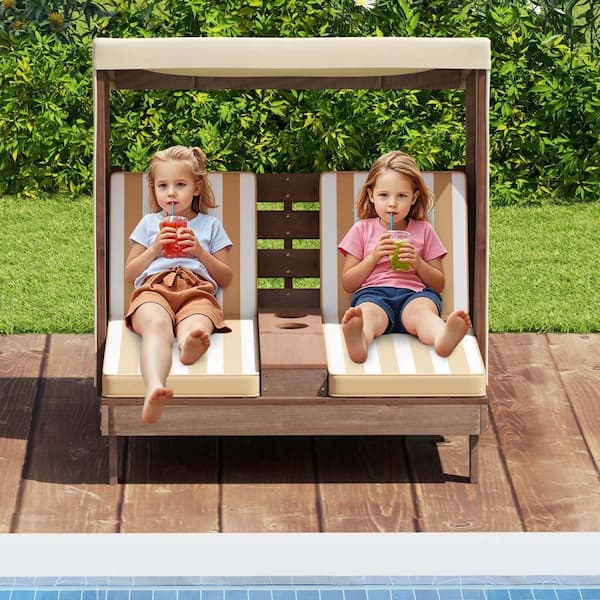 Wood Outdoor Kids Double Chaise Lounge Cup Holders & Awning with Brown Cushions