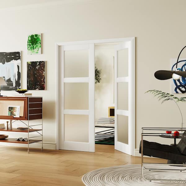 56 in. x 80 in. 3 Lite, MDF Composite, White Primed, Frosted Glass Pre-Assembled Panel Interior Door Slab