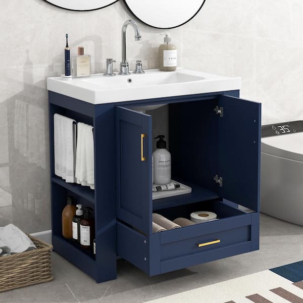 Unbranded 30 in. W x 18 in. D x 32 in. H Freestanding Bath Vanity in Blue with White Cultured Marble Top