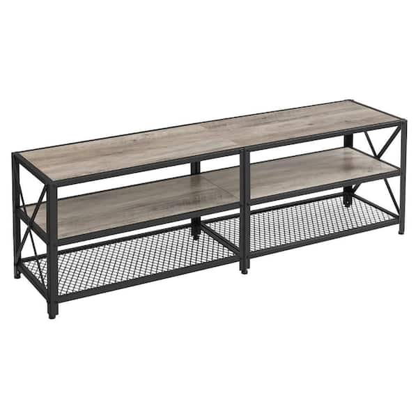 Benjara 15.4 in Light Gray Wood TV Stand Entertainment Center Fits TV's up to 70 in. with 2 Mesh Shelves