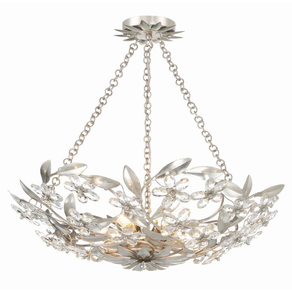 Antique Silver Crystal 6-Light Floral Chandelier