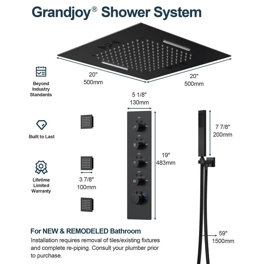Matte Black 20" LED Ceiling Shower System with Bluetooth Speaker