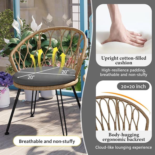 3-Piece Wicker Outdoor Bistro Set with a Glass Table and 2 Single Chairs in Brown with Gray Cushions for Outdoor