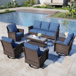 Black 6-Pieces Metal Patio Conversation Sectional Seating Set with Swivel Sofa Chairs, Ottoman and Blue Cushions