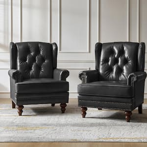 Alberto Black 34 in. W Traditional Oil Wax Genuine Leather Accent Chair with Soild Wood Legs (Set of 2)