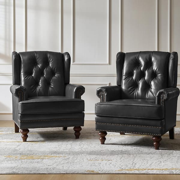 JAYDEN CREATION Alberto Black 34 in. W Traditional Oil Wax Genuine Leather Accent Chair with Soild Wood Legs (Set of 2)
