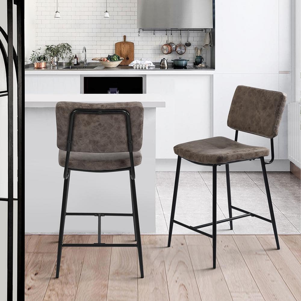 Indep 24 in. Grey Faux Leather Set of 2,Metal Frame Bar Stools