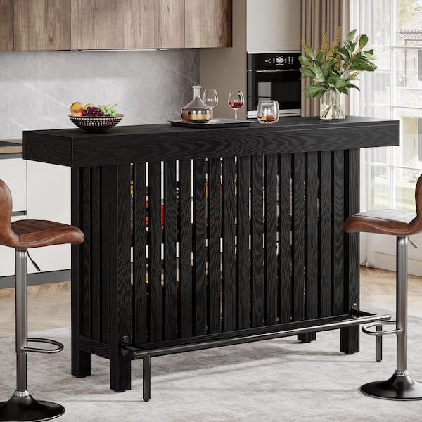 TRIBESIGNS WAY TO ORIGIN Adan 63 in. Home Black Wood Modern 2-Tier Bar Table Footrest Corner Mini Coffee Bar Cabinet Bar Unit