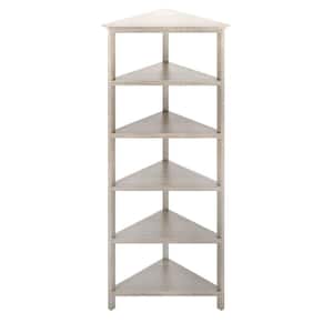 Edenton 75 in. Washed-Gray Wood 5-Shelf Corner Style Bookcase With Open Back