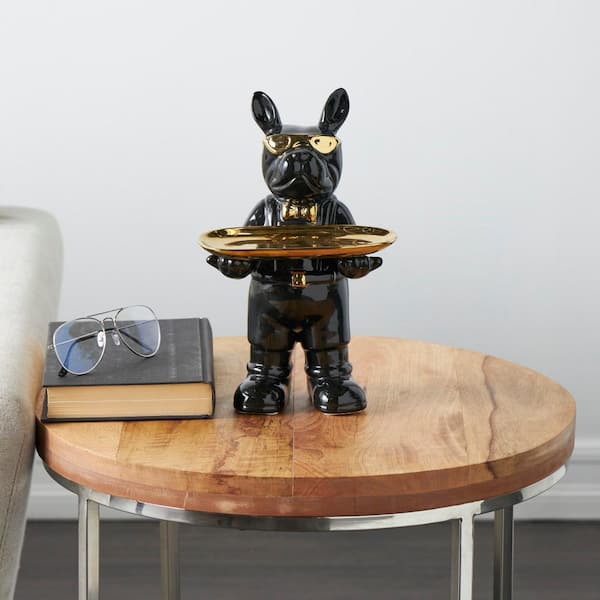 Litton Lane 6 in. x 12 in. Black Ceramic Bulldog Sculpture with Gold Accents