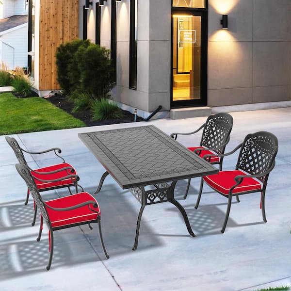 Isabella 5-Piece Cast Aluminum Outdoor Dining Set with 59.05 in. x 35.43 in. Rectangular Table and Red Cushions