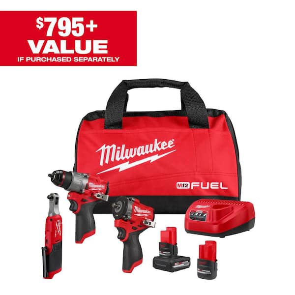 M12 FUEL 12V Lithium-Ion Cordless Drill Driver, Impact Wrench, and Ratchet Combo Kit (3-Tool) w/Batteries, Charger & Bag