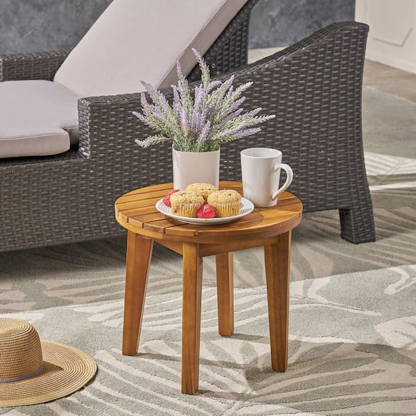 Teak Finish Round Solid Acacia Wood 14.25 in. H Outdoor Side Table
