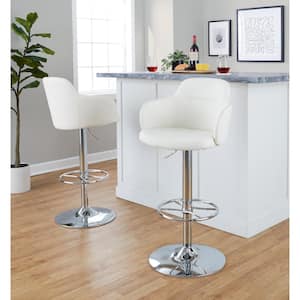 Boyne 33 in. White Faux Leather and Chrome Metal Adjustable Bar Stool with Wheel Footrest (Set of 2)