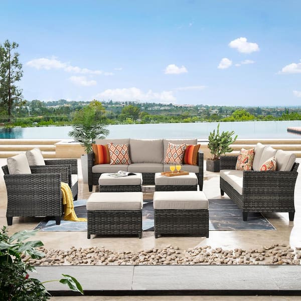 OVIOS Positano Gray 8-Piece Wicker Patio Conversation Set with with Beige Cushions