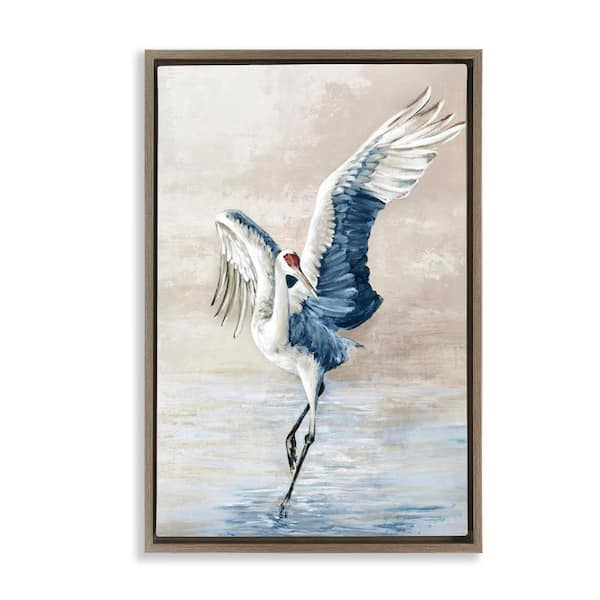 Stupell Industries Dancing Crane on Shore by Eli Jones Brown Floater Frame Animal Graphic Art Print 25 in. x 17 in.