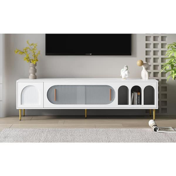 Modern TV Console, TV Stand Fits TV's up to 70 in. with 3 Shelves and 2 Cabinets, White