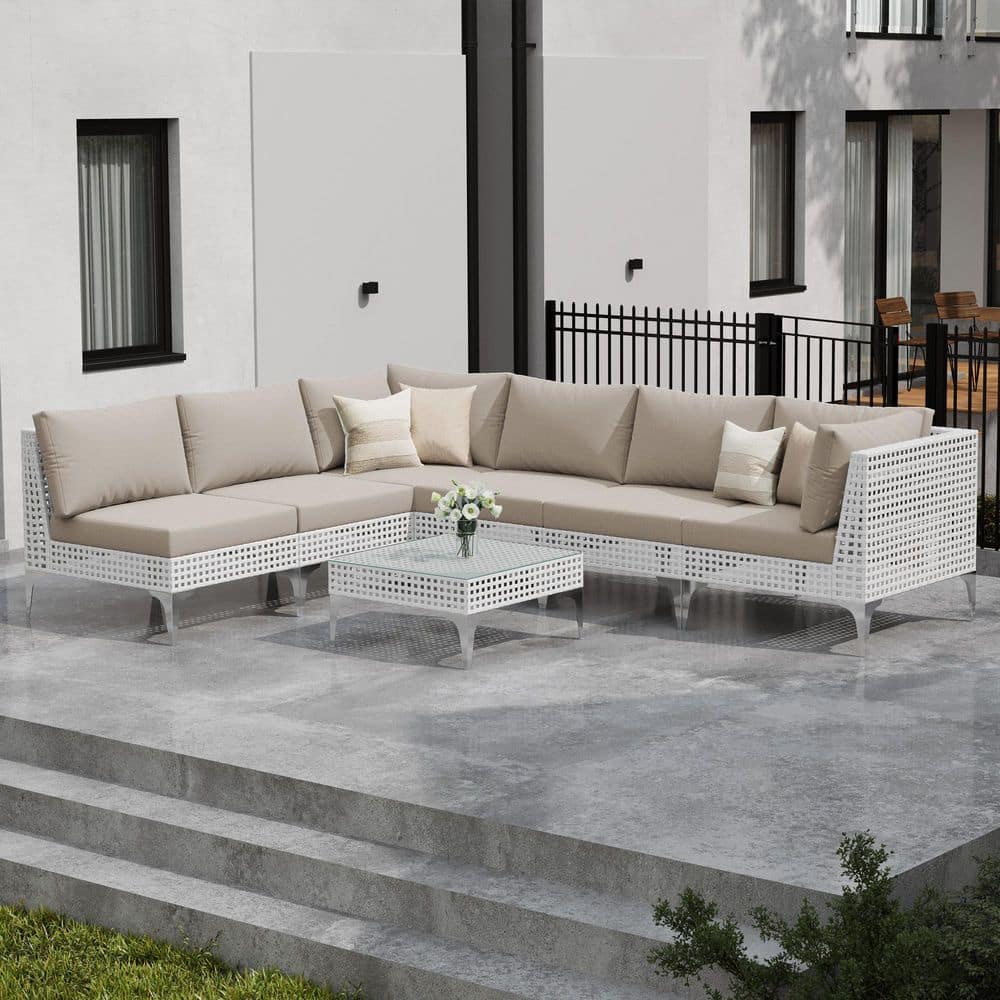 7-Piece Outdoor Wide Rattan Sectional Sofa Set Wicker Patio Conversation Se