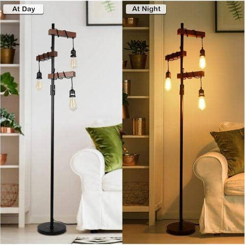 68 Inch Black Metal and Wood Tree Floor Lamp with Dimmable Lights