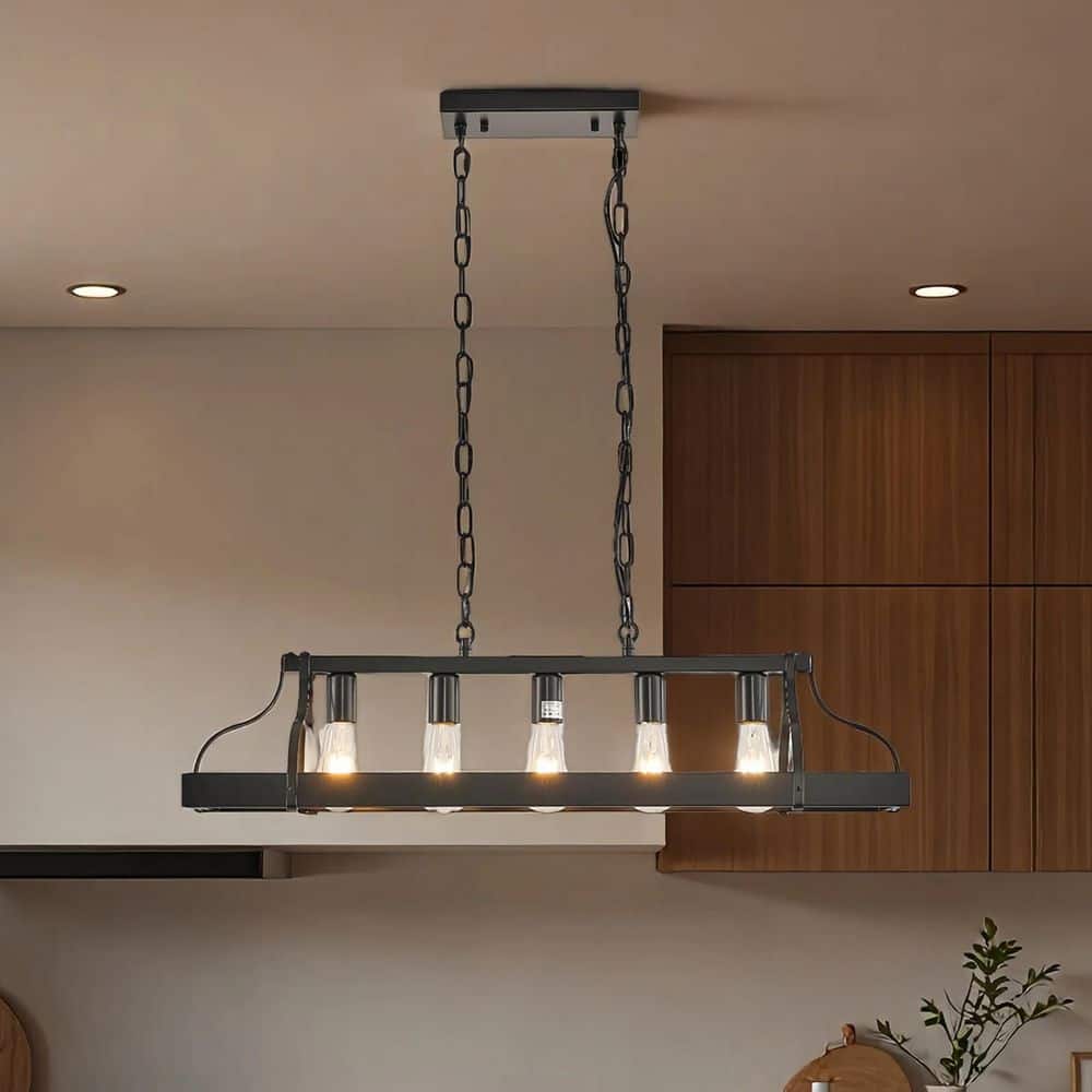 34 in. 5-Light Cage Matte Black Rustic Linear Chandelier for Kitchen Island with No Bulbs Included price history on PriceWatchPro