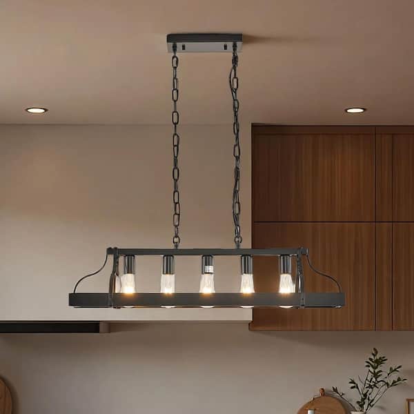34 in. 5-Light Cage Matte Black Rustic Linear Chandelier for Kitchen Island with No Bulbs Included