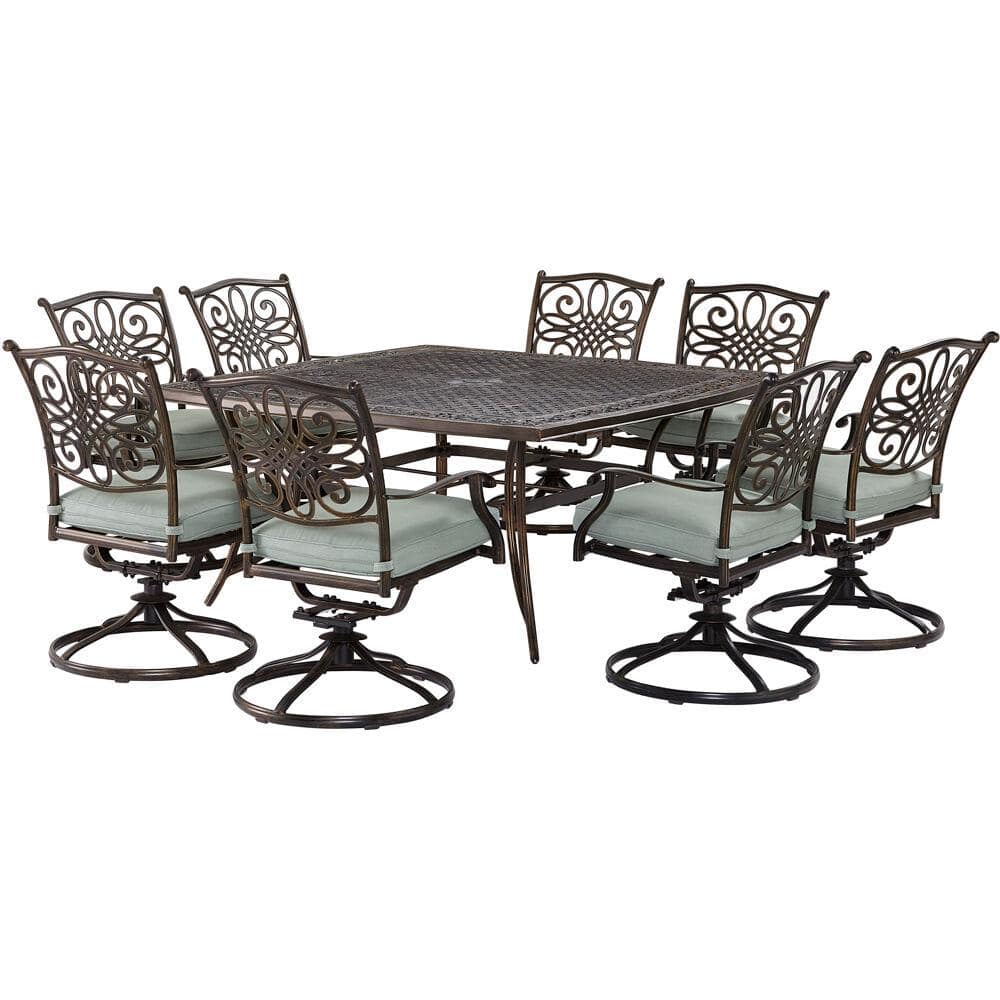 Renditions 9-Piece Aluminum Outdoor Dining Set with Sunbrella Mist Blue Cushions 8 Swivel Rockers and 60 in. Table